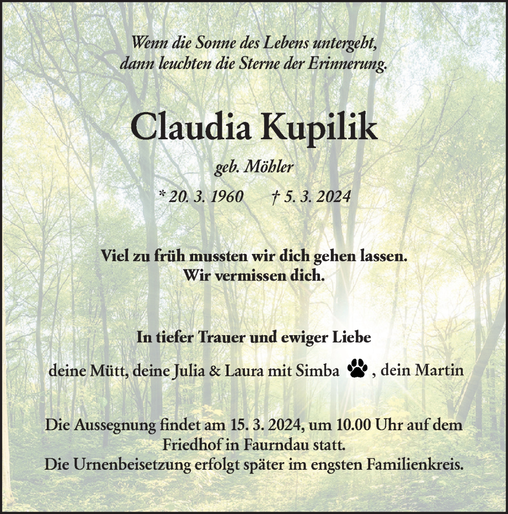  Traueranzeige für Claudia Kupilik vom 12.03.2024 aus NWZ Neue Württembergische Zeitung