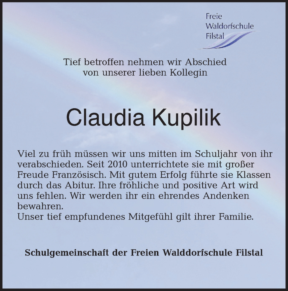  Traueranzeige für Claudia Kupilik vom 14.03.2024 aus NWZ Neue Württembergische Zeitung