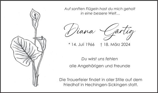 Traueranzeige von Diana Gärtig von SÜDWEST PRESSE Zollernalbkreis/Hohenzollerische Zeitung