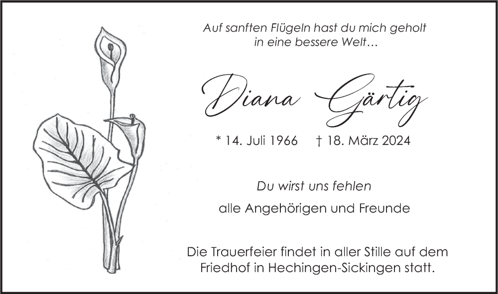  Traueranzeige für Diana Gärtig vom 27.03.2024 aus SÜDWEST PRESSE Zollernalbkreis/Hohenzollerische Zeitung