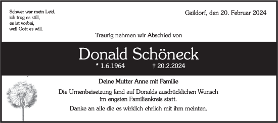 Traueranzeige von Donald Schöneck von Rundschau Gaildorf