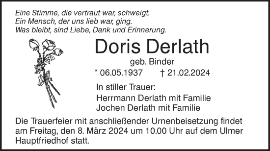 Traueranzeige von Doris Derlath von SÜDWEST PRESSE Ausgabe Ulm/Neu-Ulm