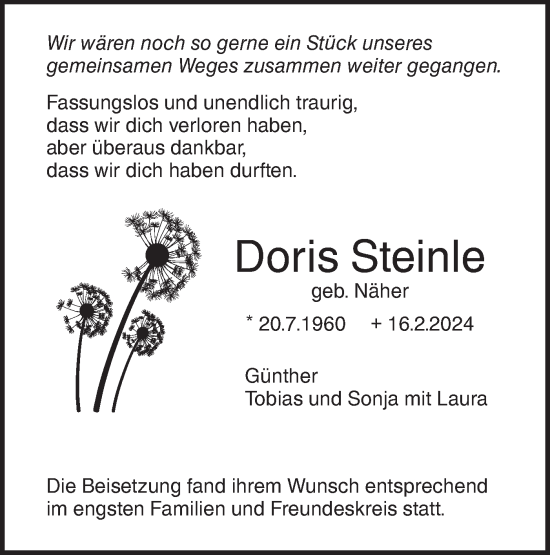 Traueranzeige von Doris Steinle von SÜDWEST PRESSE Ausgabe Ulm/Neu-Ulm