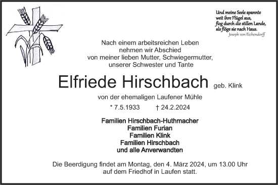 Traueranzeige von Elfriede Hirschbach von Rundschau Gaildorf