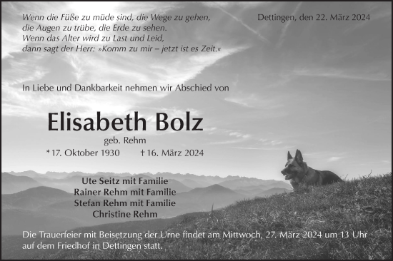 Traueranzeige von Elisabeth Bolz von Alb-Bote/Metzinger-Uracher Volksblatt