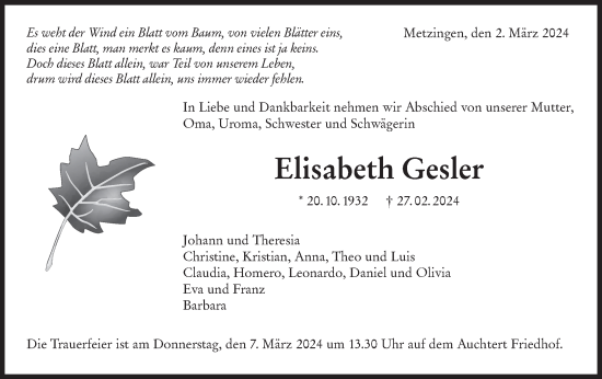 Traueranzeige von Elisabeth Gesler von SÜDWEST PRESSE/SÜDWEST PRESSE