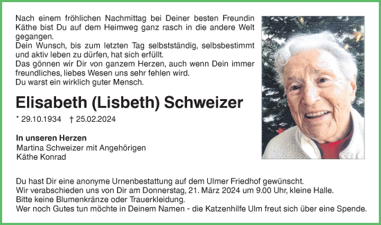 Traueranzeige von Elisabeth  Schweizer von SÜDWEST PRESSE Ausgabe Ulm/Neu-Ulm