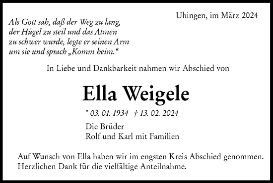 Traueranzeige von Ella Weigele von NWZ Neue Württembergische Zeitung