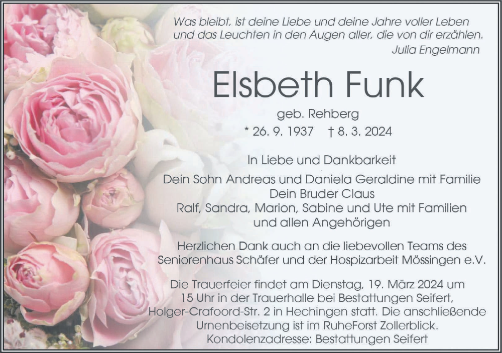  Traueranzeige für Elsbeth Funk vom 14.03.2024 aus Hohenzollerische Zeitung