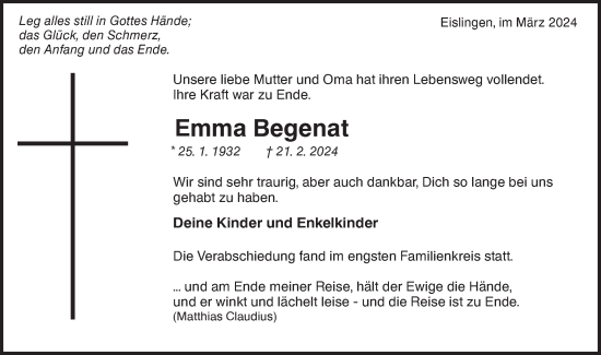 Traueranzeige von Emma Begenat von NWZ Neue Württembergische Zeitung