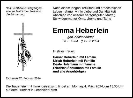 Traueranzeige von Emma Heberlein von Hohenloher Tagblatt