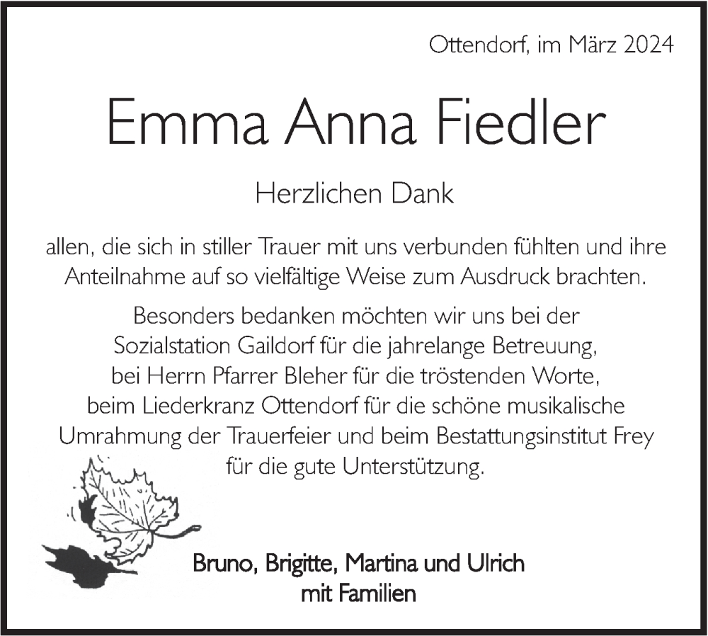  Traueranzeige für Emma Anna Fiedler vom 02.03.2024 aus Rundschau Gaildorf
