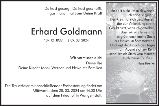 Traueranzeige von Erhard Goldmann von NWZ Neue Württembergische Zeitung