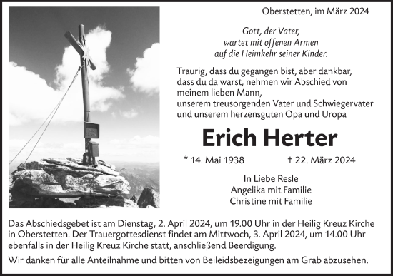 Traueranzeige von Erich Herter von Alb-Bote/Metzinger-Uracher Volksblatt