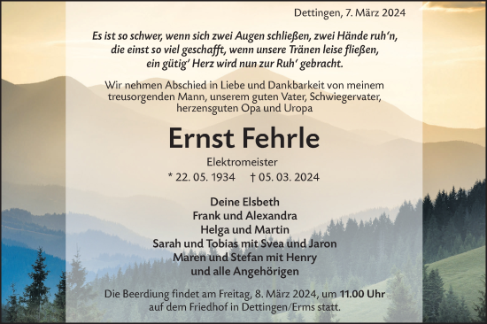 Traueranzeige von Ernst Fehrle von SÜDWEST PRESSE/SÜDWEST PRESSE