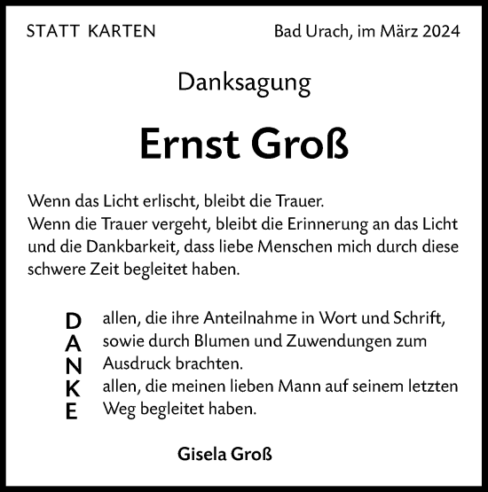 Traueranzeige von Ernst Groß von SÜDWEST PRESSE/SÜDWEST PRESSE