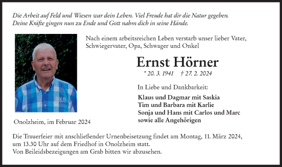 Traueranzeige von Ernst Hörner von Hohenloher Tagblatt