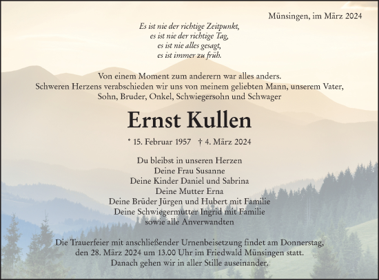Traueranzeige von Ernst Kullen von Alb-Bote/Metzinger-Uracher Volksblatt