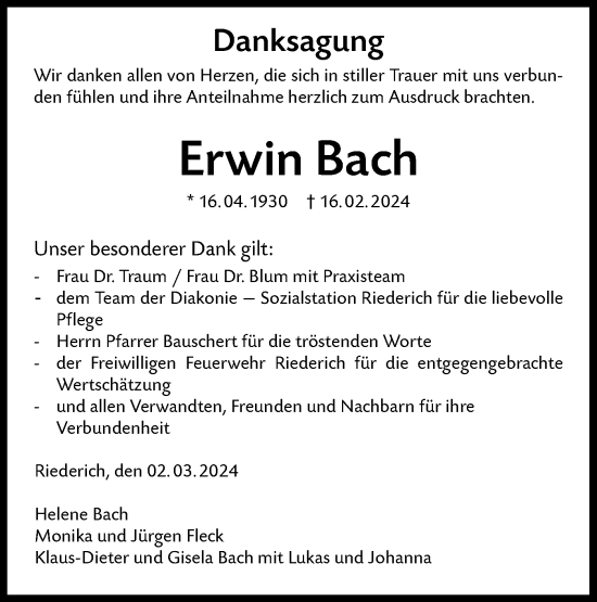 Traueranzeige von Erwin Bach von Alb-Bote/Metzinger-Uracher Volksblatt