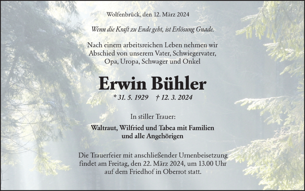 Traueranzeige für Erwin Bühler vom 19.03.2024 aus Rundschau Gaildorf/Haller Tagblatt