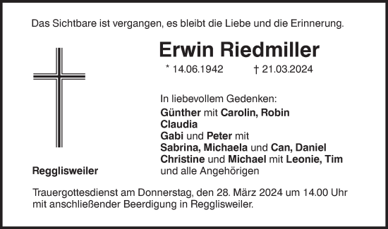 Traueranzeige von Erwin Riedmiller von SÜDWEST PRESSE Ausgabe Ulm/Neu-Ulm