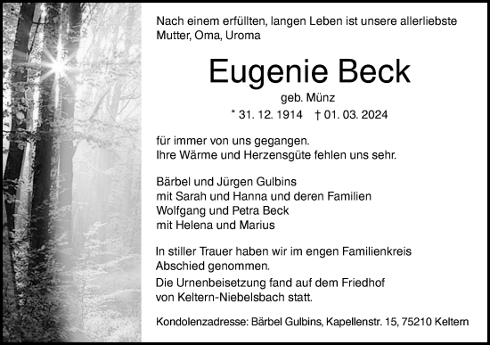 Traueranzeige von Eugenie Beck von Alb-Bote/Metzinger-Uracher Volksblatt