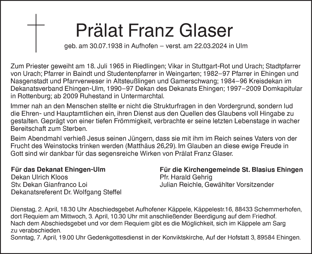  Traueranzeige für Franz Glaser vom 27.03.2024 aus SÜDWEST PRESSE Ausgabe Ulm/Neu-Ulm