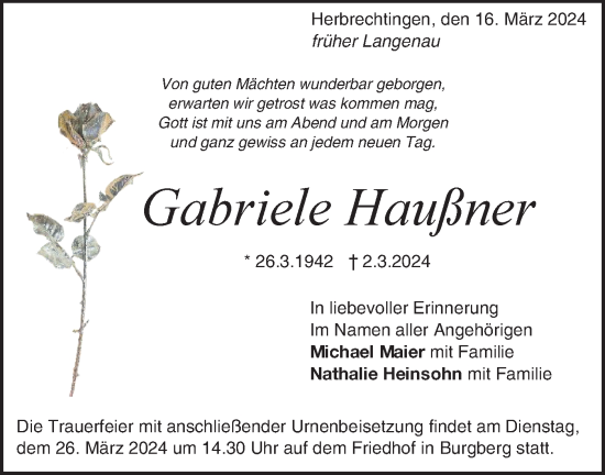 Traueranzeige von Gabriele Haußner von SÜDWEST PRESSE Ausgabe Ulm/Neu-Ulm
