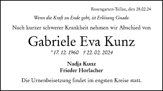 Traueranzeige von Gabriele Eva Kunz von Haller Tagblatt