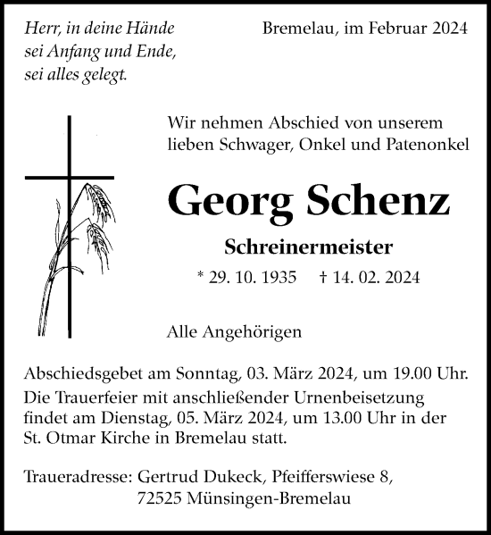 Traueranzeige von Georg Schenz von Alb-Bote/Metzinger-Uracher Volksblatt