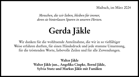 Traueranzeige von Gerda Jäkle von Haller Tagblatt