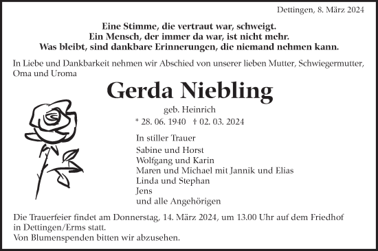 Traueranzeige von Gerda Niebling von SÜDWEST PRESSE/SÜDWEST PRESSE