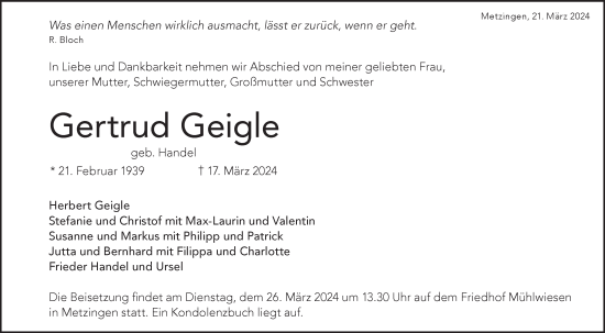 Traueranzeige von Gertrud Geigle von Alb-Bote/Metzinger-Uracher Volksblatt