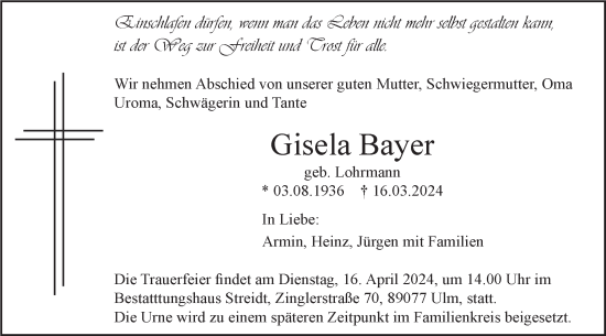 Traueranzeige von Gisela Bayer von SÜDWEST PRESSE Ausgabe Ulm/Neu-Ulm