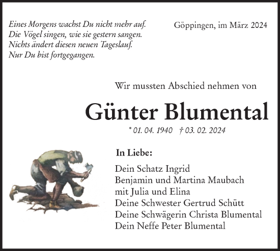 Traueranzeige von Günter Blumental von NWZ Neue Württembergische Zeitung