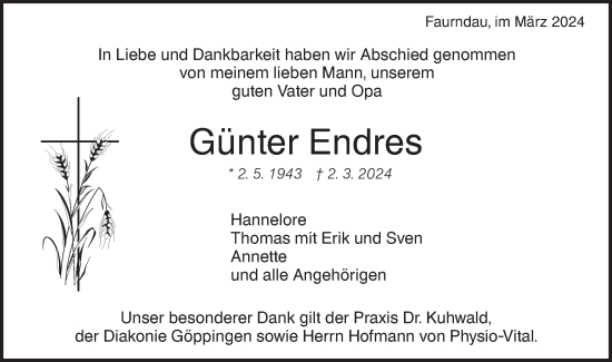 Traueranzeige von Günter Endres von NWZ Neue Württembergische Zeitung