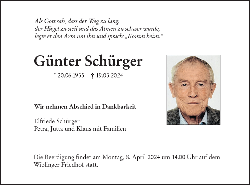  Traueranzeige für Günter Schürger vom 30.03.2024 aus SÜDWEST PRESSE Ausgabe Ulm/Neu-Ulm