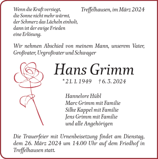 Traueranzeige von Hans Grimm von Geislinger Zeitung