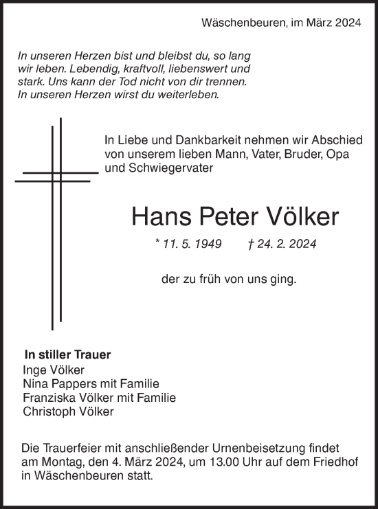 Traueranzeige von Hans Peter Völker von NWZ Neue Württembergische Zeitung