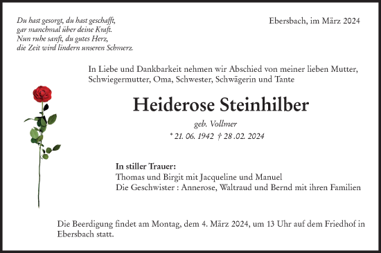 Traueranzeige von Heiderose Steinhilber von NWZ Neue Württembergische Zeitung