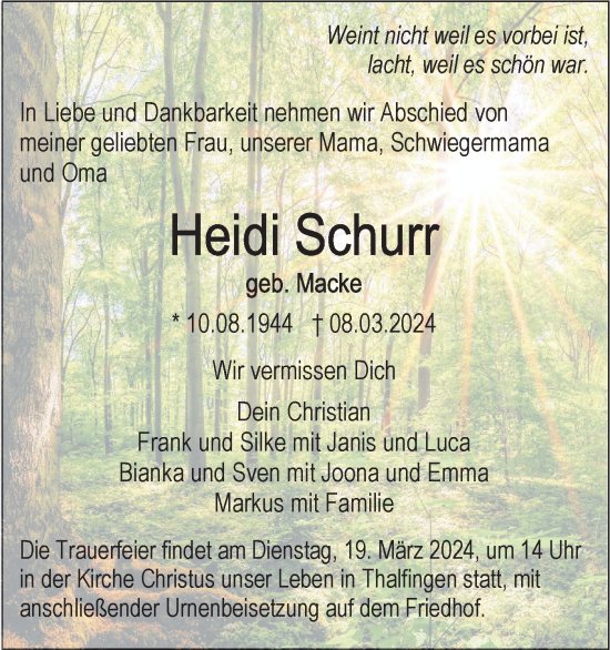 Traueranzeige von Heidi Schurr von SÜDWEST PRESSE Ausgabe Ulm/Neu-Ulm