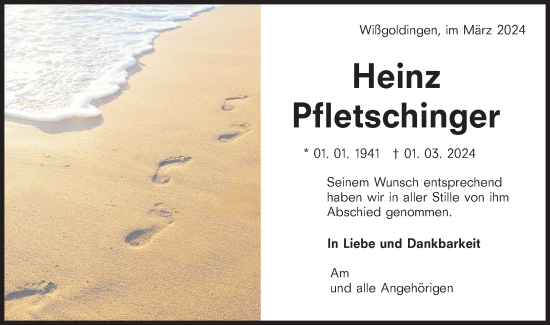 Traueranzeige von Heinz Pfletschinger von NWZ Neue Württembergische Zeitung