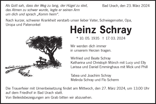Traueranzeige von Heinz Schray von Alb-Bote/Metzinger-Uracher Volksblatt