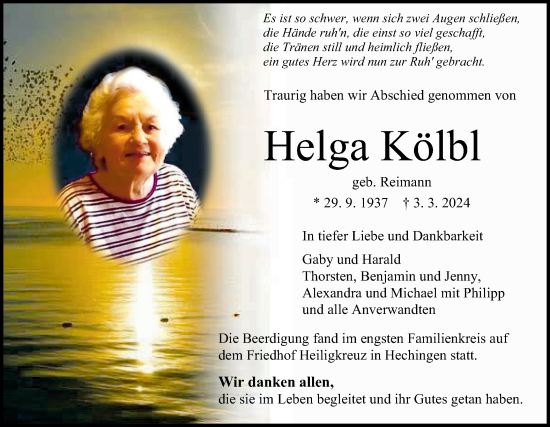 Traueranzeige von Helga Kölbl von Hohenzollerische Zeitung