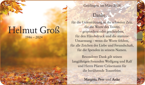 Traueranzeige von Helmut Groß von Geislinger Zeitung