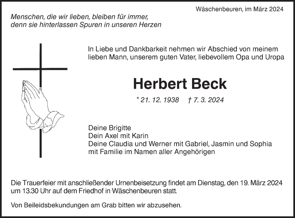  Traueranzeige für Herbert Beck vom 14.03.2024 aus NWZ Neue Württembergische Zeitung
