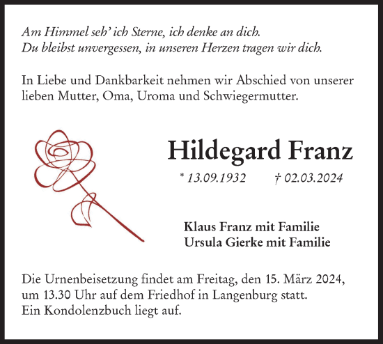 Traueranzeige von Hildegard Franz von Hohenloher Tagblatt