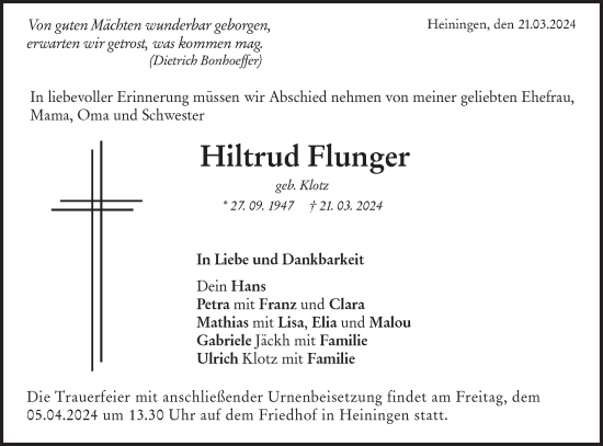 Traueranzeige von Hiltrud Flunger von NWZ Neue Württembergische Zeitung