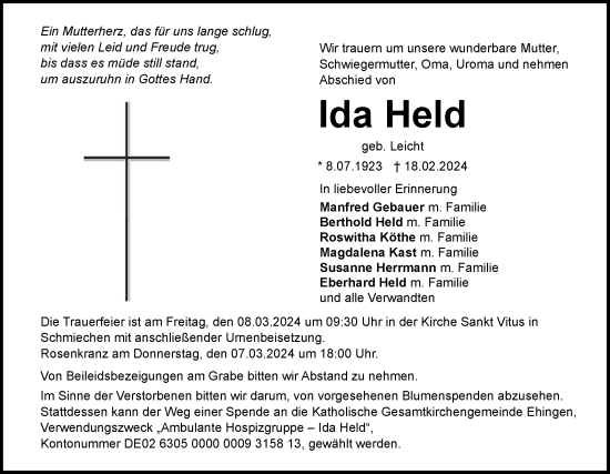 Traueranzeige von Ida Held von Ehinger Tagblatt
