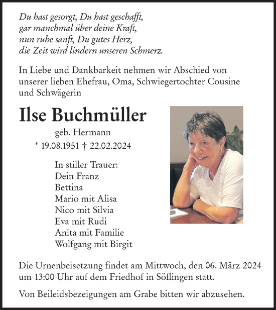 Traueranzeige von Ilse Buchmüller von SÜDWEST PRESSE Ausgabe Ulm/Neu-Ulm